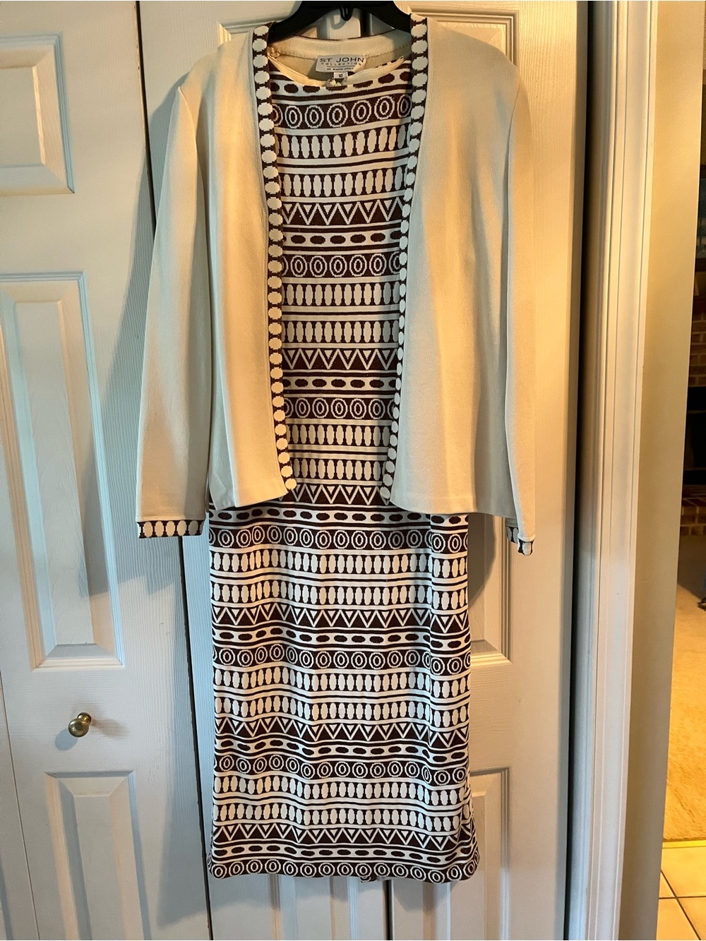 St. John Cream Jacket with Brown & Cream Geometric Midi Dress